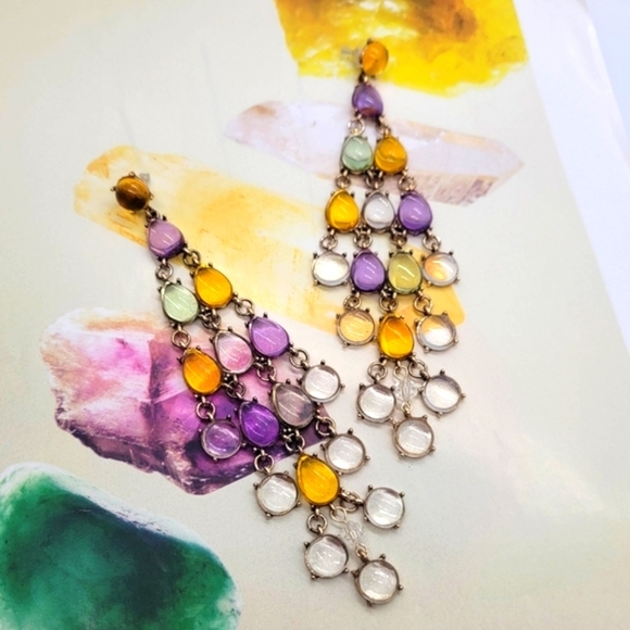 NWT Bohemian Colorful Crystal Dangle Gold Chandelier Earrings - Picture 7 of 15
